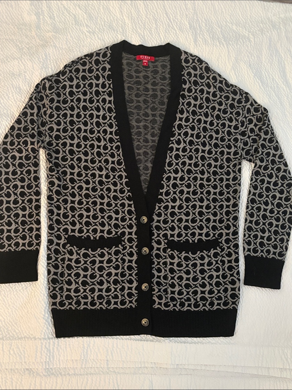 Guess Black Gray Logo Pattern Button-Up Classic Cardigan